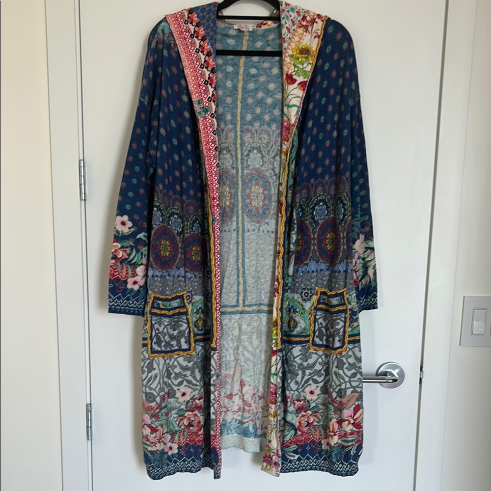 Johnny Was Blue Long Cardigan with Floral Patterns